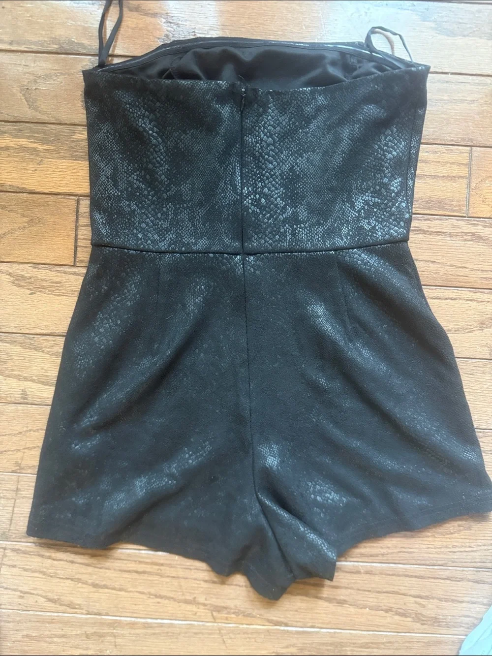 She + Sky Black Faux-Snakeskin Strapless Romper